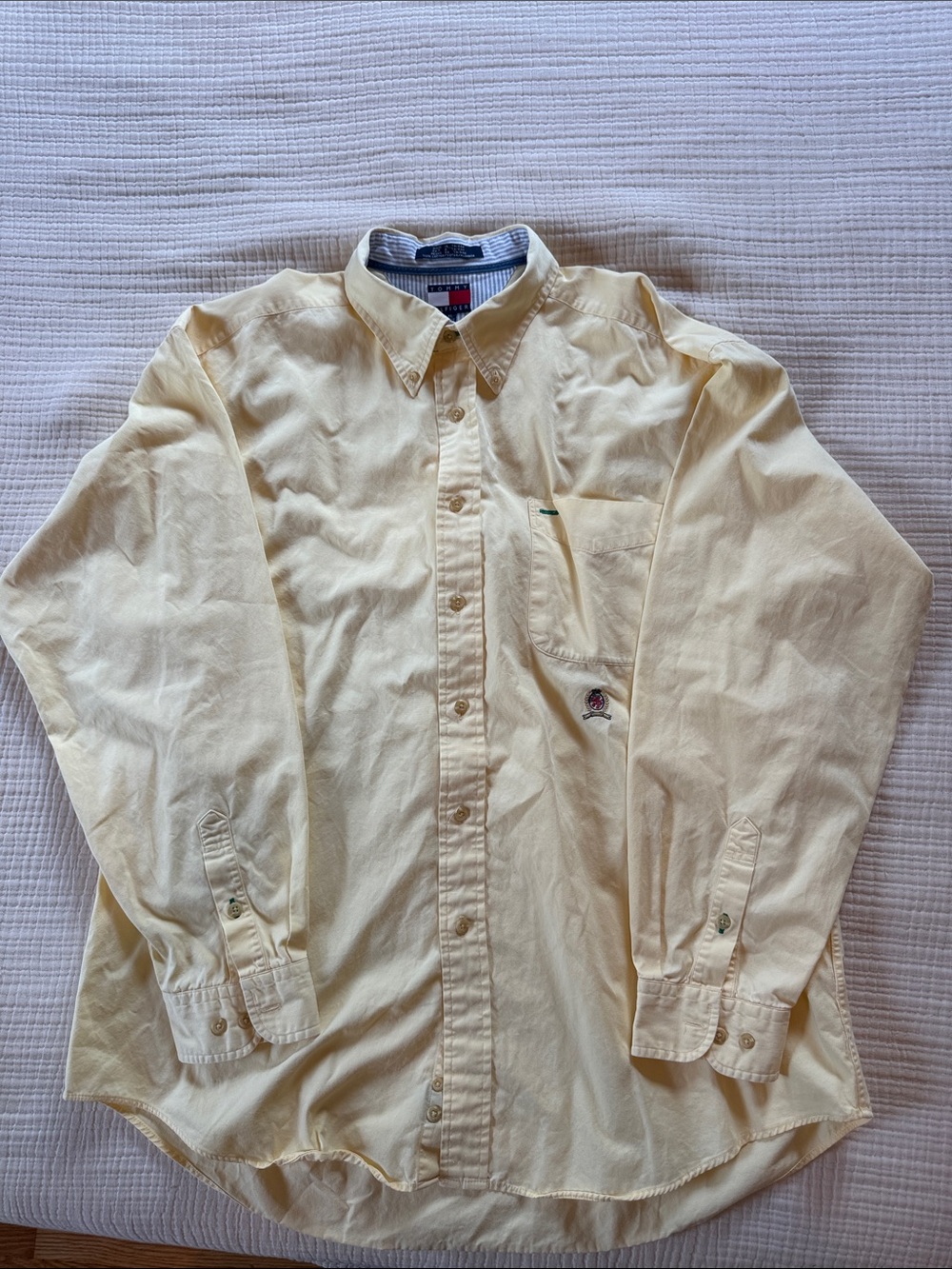 Tommy Hilfiger Men's Pale Yellow Long-Sleeve Button-Down Shirt with Chest Pocket